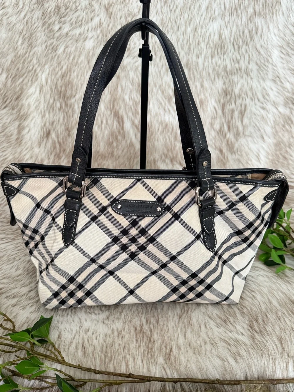 Vintage Burberry London Blue Label Black & Cream Check Shoulder Tote Bag